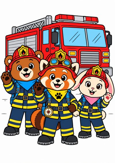 Ingekleurd voorbeeld: Drie kleine brandweerhelden